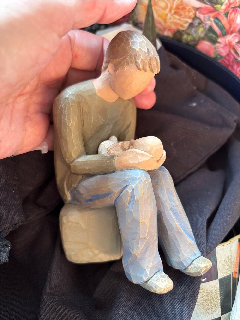 Willow Tree Olive, Blue and Tan Seated Figurine Embracing Baby